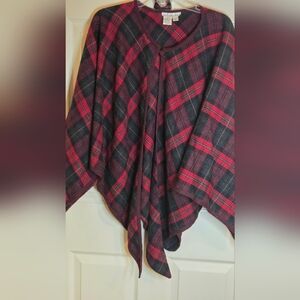 IKC for Country Wear L Plaid Red Black WOOL Blend Women's Poncho